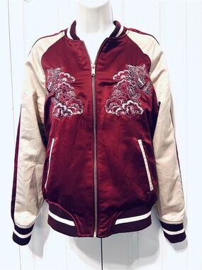 Forever 21 Maroon and Beige Embroidered Satin Bomber/Varsity Jacket-Med.-School